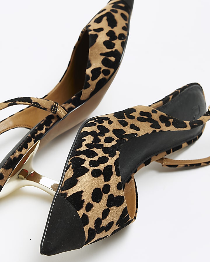 Brown leopard print kitten heel court shoes | River Island