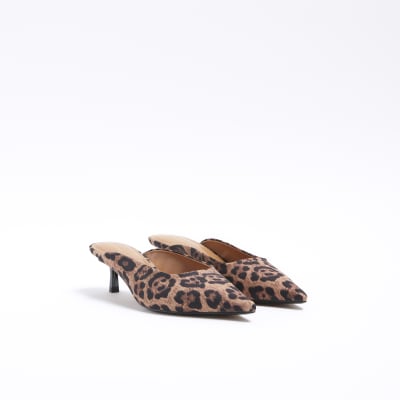Brown leopard print kitten heeled mule shoes River Island