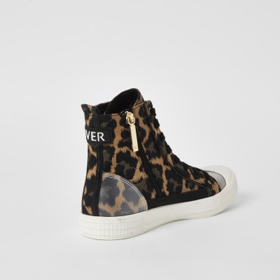 Brown leopard print lace-up high top trainers