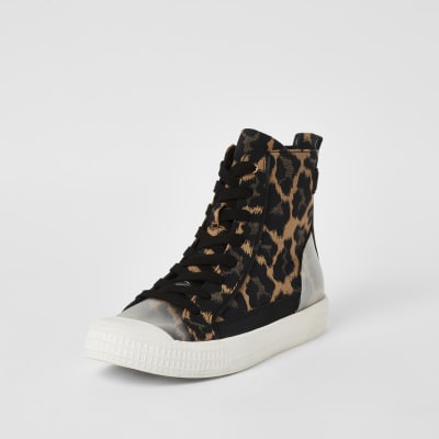 Brown leopard print lace-up high top trainers