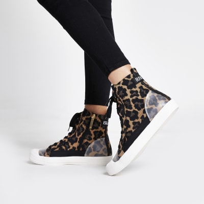 Brown leopard print lace-up high top trainers