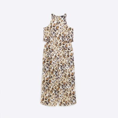 Brown leopard print layered jumpsuit