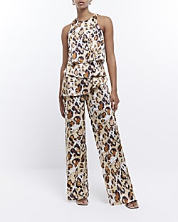 Brown leopard print layered jumpsuit