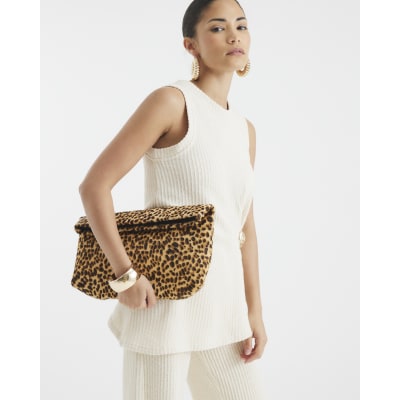 Brown Leopard Print Leather Clutch Bag