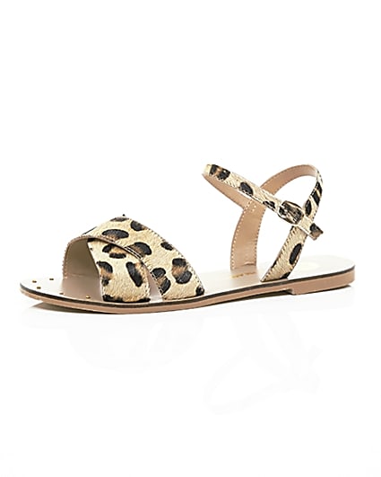 360 degree animation of product Brown leopard print leather sandals frame-23