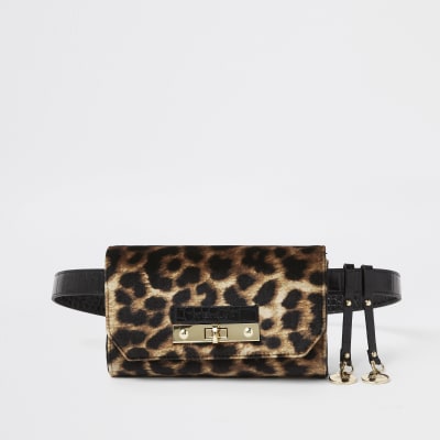 Brown leopard print lock front belted bum bag