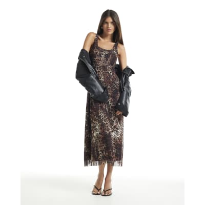 Leopard Print Mesh Midi Dress