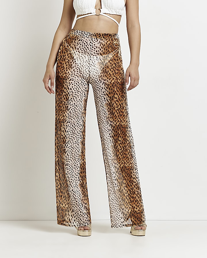 Brown leopard print mesh wide leg trousers