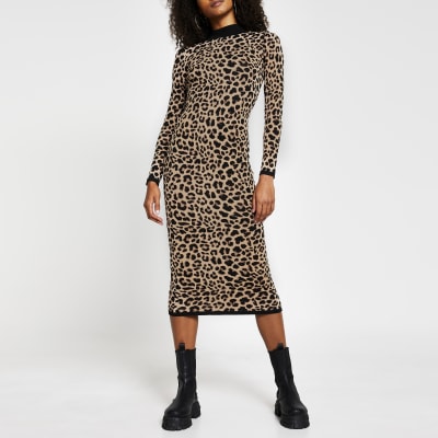 Brown leopard print midi dress | River Island