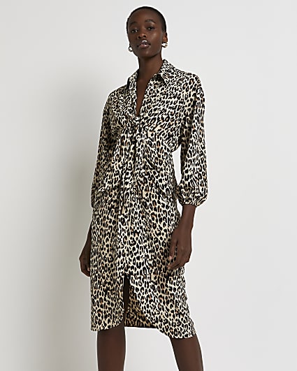 Brown leopard print midi shirt dress