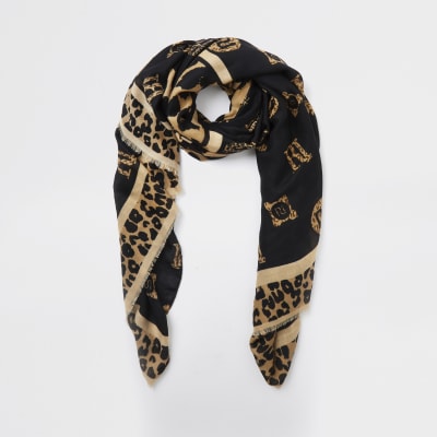Brown leopard print monogram scarf