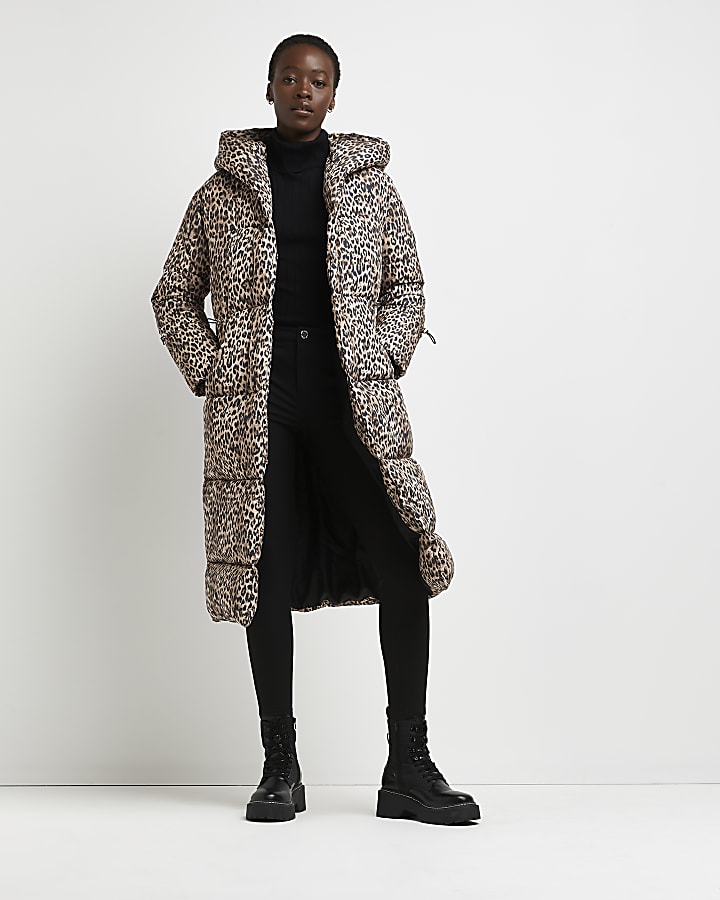 Brown leopard print puffer coat