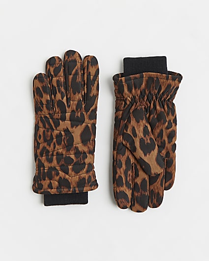 Brown Leopard print quilted padded gloves