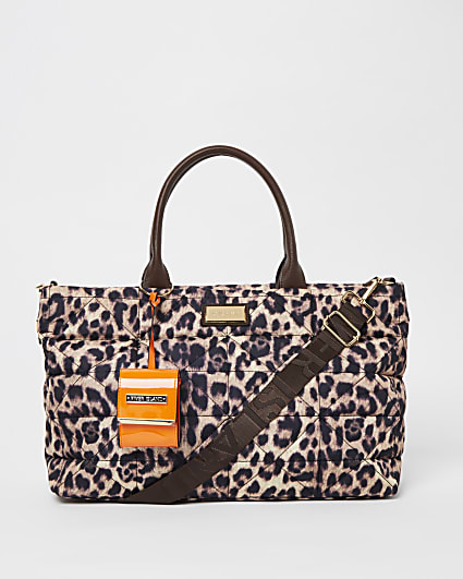 Brown leopard print quilted tote bag