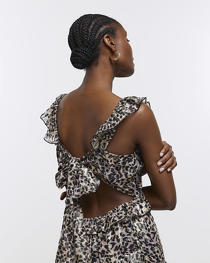 Brown leopard print ruffle maxi dress
