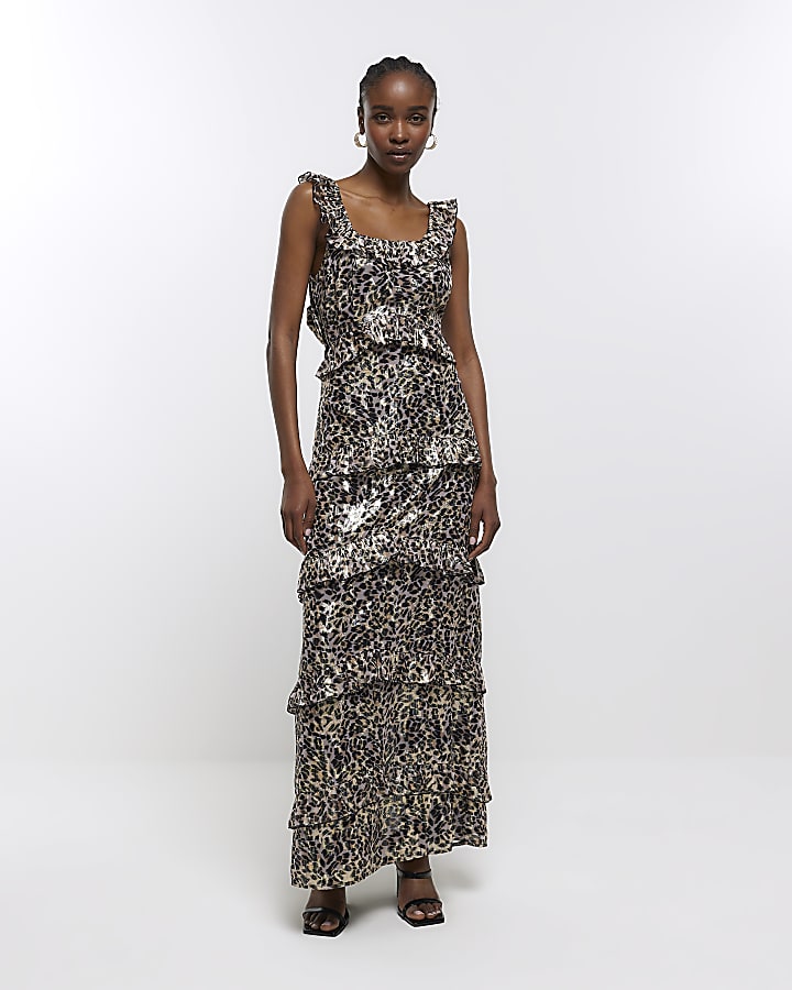 Brown leopard print ruffle maxi dress