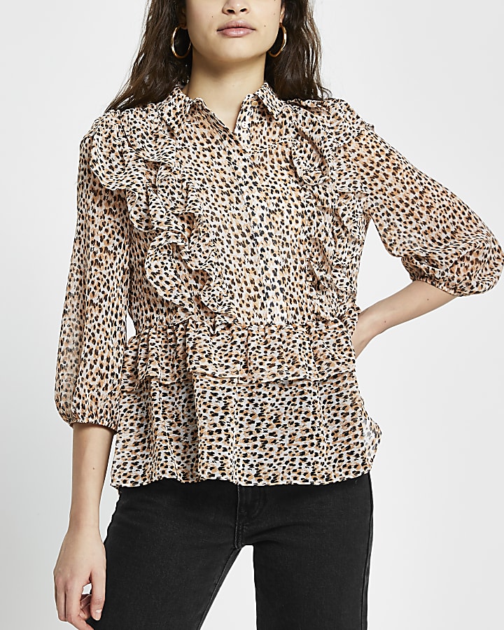Brown leopard print ruffle shirt top