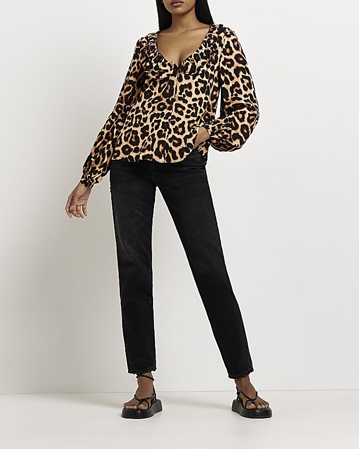 Brown leopard print ruffled shirt