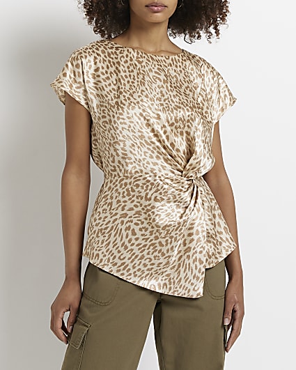 Brown leopard print satin twist front top