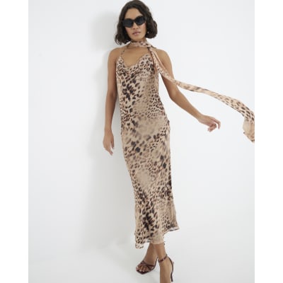 Brown leopard print scarf bodycon maxi dress River Island