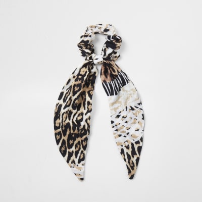Brown leopard print scarf scrunchie