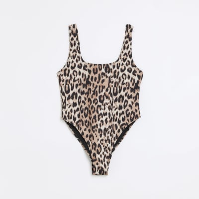 Brown leopard print scoop swimsuit River Island