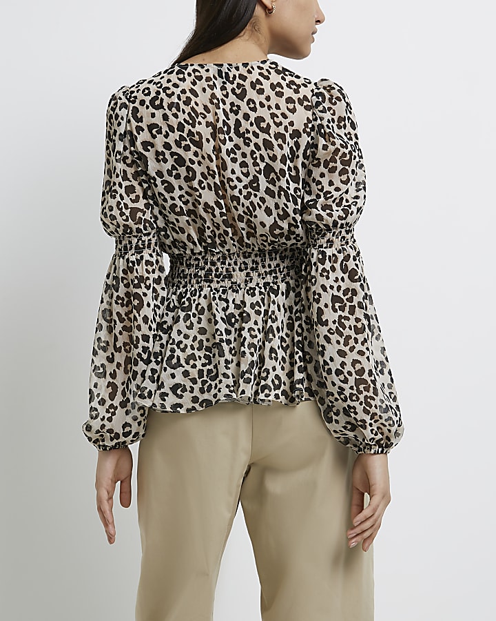 Brown leopard print shirred blouse