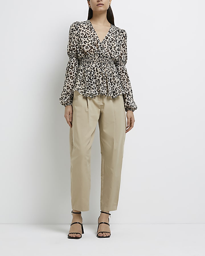 Brown leopard print shirred blouse