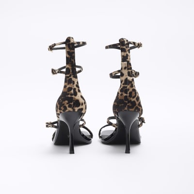 Brown leopard print strappy heeled sandals River Island