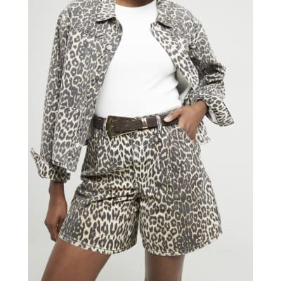 Brown leopard print tailored denim shorts River Island