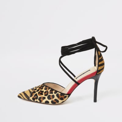 Brown leopard print tie up court shoe