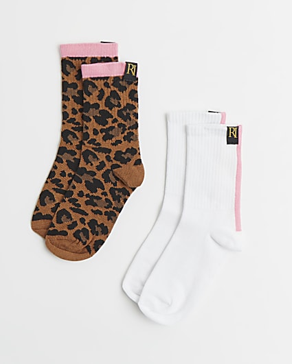 Brown leopard print tube socks multipack