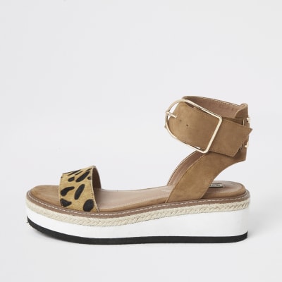 Brown leopard print two part flatform sandals | River Island