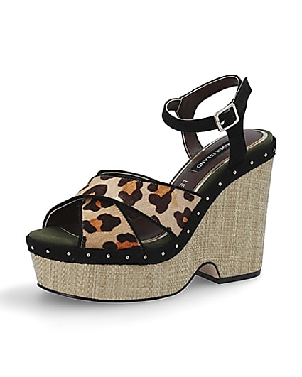 360 degree animation of product Brown leopard print vamp wedges frame-1