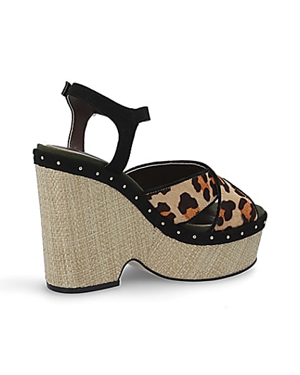 360 degree animation of product Brown leopard print vamp wedges frame-13