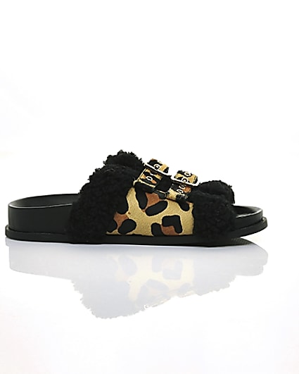 360 degree animation of product Brown leopard print wide fit buckle sliders frame-9