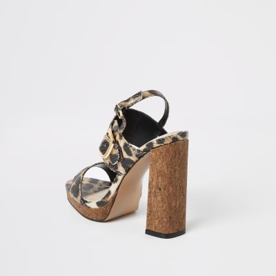 Brown leopard print wide fit heeled sandals