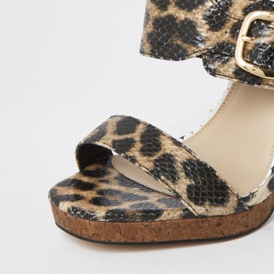Brown leopard print wide fit heeled sandals
