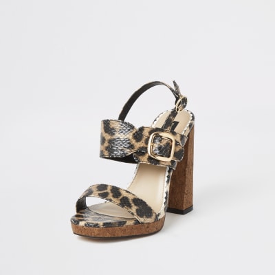 Brown leopard print wide fit heeled sandals