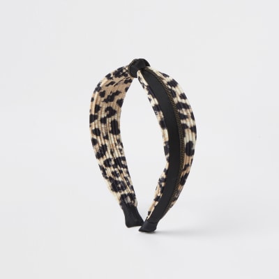 Brown leopard printed plisse knot headband