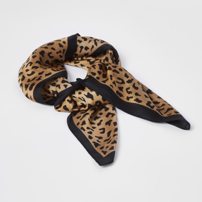 Brown leopard satin head scarf River Island