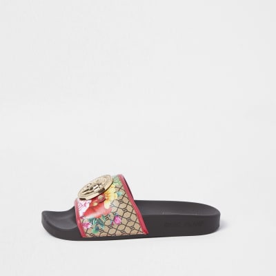 Brown lion head RI monogram floral sliders | River Island