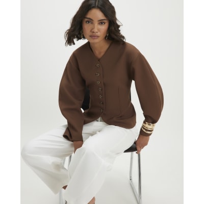 Brown Long Balloon Sleeve Button Up Jacket