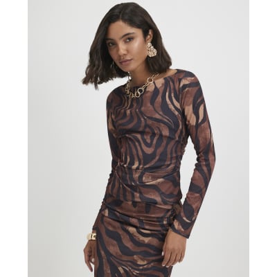 Brown Long Sleeve Abstract Print Top