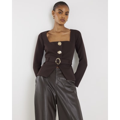 Brown Long Sleeve Belted Mixed Button Blazer