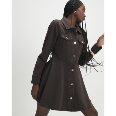 Brown Long Sleeve Button Up Denim Mini Dress | River Island