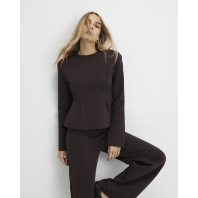 Brown Long Sleeve Corset Detail Top