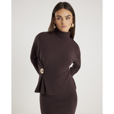 Brown Long Sleeve Cosy Gold Detail Top