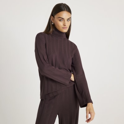 Brown Long Sleeve Cosy Wide Ribbed Top