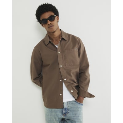 Brown Long Sleeve Curved Hem Dyed Shirt